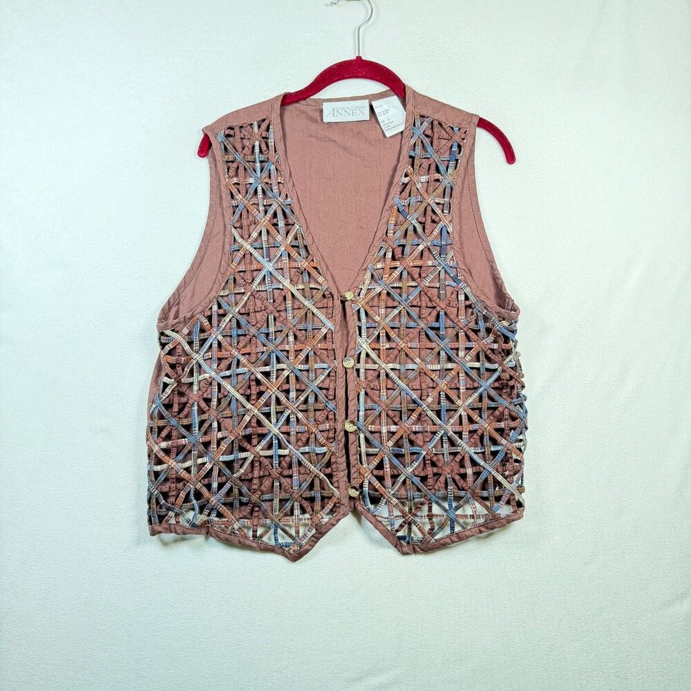 Vintage Casual Corner Annex Open Weave Plaid Vest Brown Cotton Rayon Boho Size L